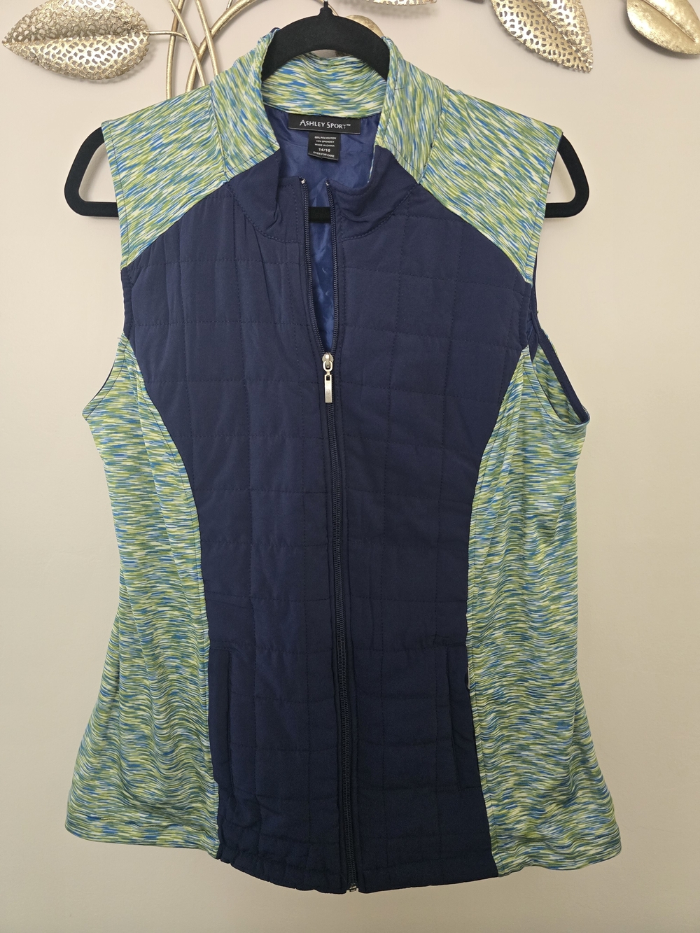 Ashley Sport Quilted Navy Vest with Blue-Green Panels Size 14/16